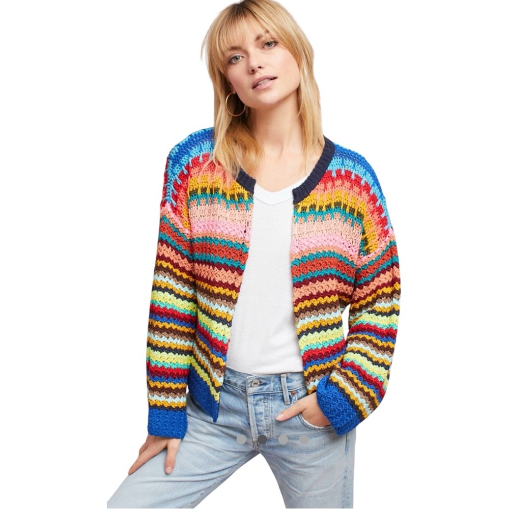 Anthropologie Moth Betty Boho Knit Open Weave Crochet‎ Rainbow Cardigan Size XS